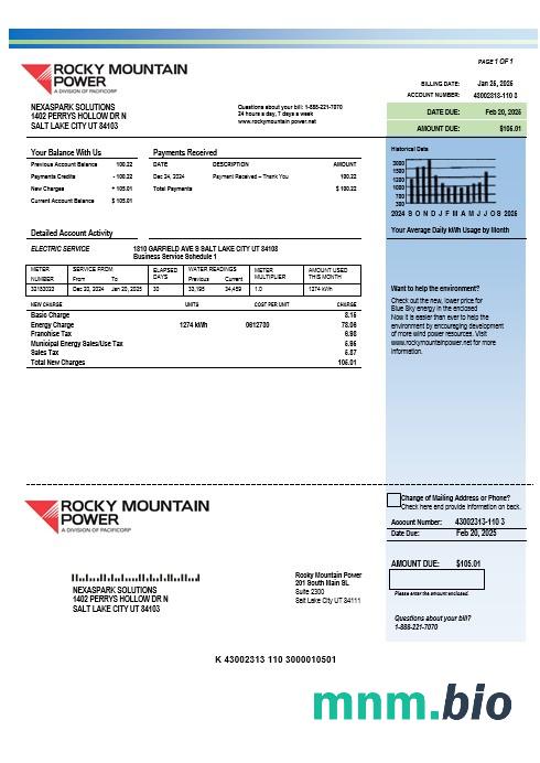 USA Utah Rocky Mountain Power electricity rachunek za usługi komunalne szablon w formacie Word i PDF